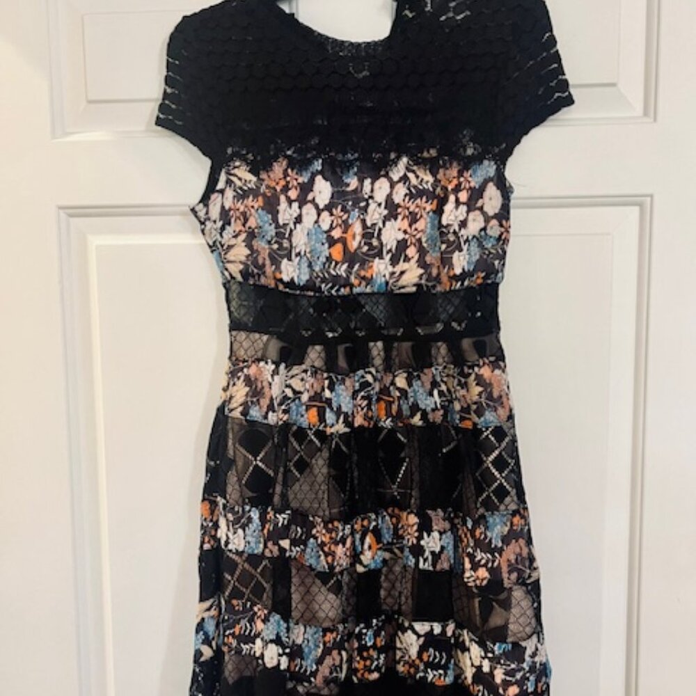 Foxiedox Black Lace Fit and Flare Dress with Floral bands
